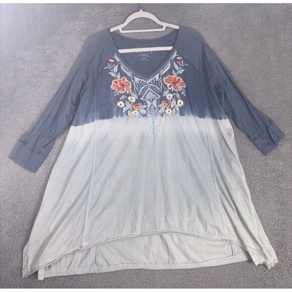 Caite & Kyla Seo Top TShirt Dress Boho Blue Large Embroidered Tie Dye Handmade - Picture 1 of 9